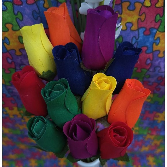 1 Doz Autism Aware Rainbow Wooden Roses Flower Bouquet. The Original Wooden Rose - Picture 4 of 8